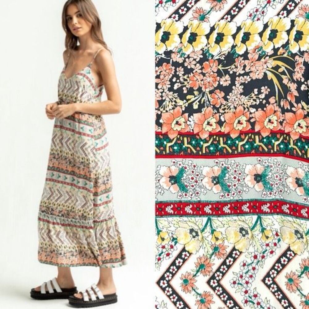 O'Neill Floral Striped Maxi Dress in Cream, Peach, Yellow, Green, Black